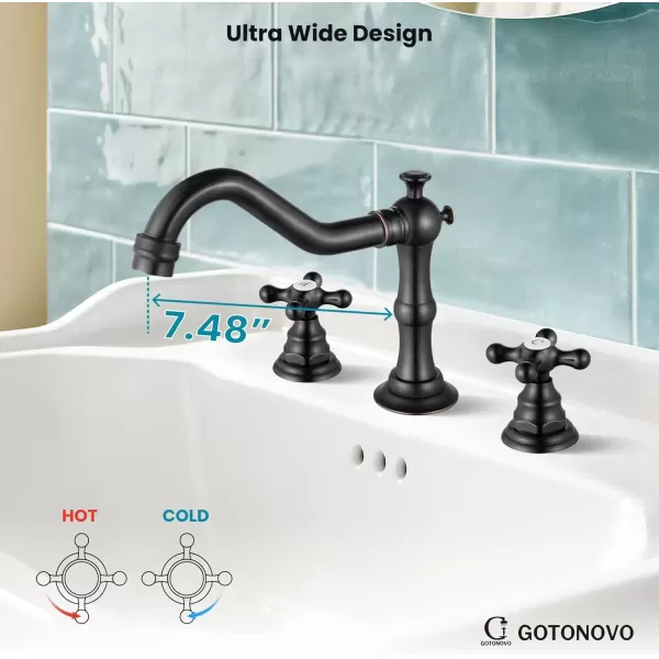 imagegotonovo Matte Black 3 Hole Bathroom Faucet 2 Cross Handles 8 Inch Widespread Bathroom Sink Faucet Deck Mount Vintage Mixer Tap with Supply Hoses and Pop Up DrainOil Rubbed Bronze