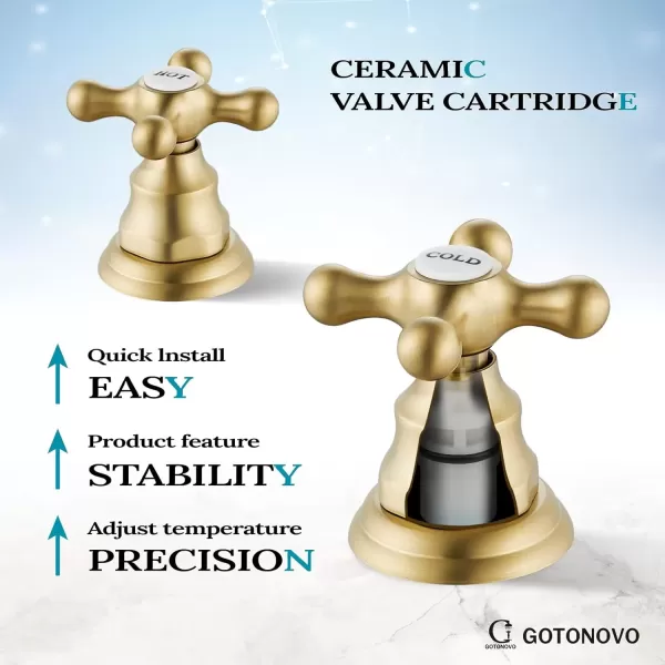 imagegotonovo Matte Black 3 Hole Bathroom Faucet 2 Cross Handles 8 Inch Widespread Bathroom Sink Faucet Deck Mount Vintage Mixer Tap with Supply Hoses and Pop Up DrainBrushed Gold