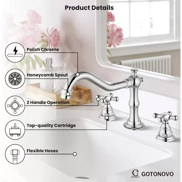 imagegotonovo Matte Black 3 Hole Bathroom Faucet 2 Cross Handles 8 Inch Widespread Bathroom Sink Faucet Deck Mount Vintage Mixer Tap with Supply Hoses and Pop Up DrainPolish Chrome