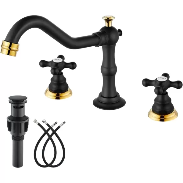 imagegotonovo Matte Black 3 Hole Bathroom Faucet 2 Cross Handles 8 Inch Widespread Bathroom Sink Faucet Deck Mount Vintage Mixer Tap with Supply Hoses and Pop Up DrainMatte Black and Polish Gold