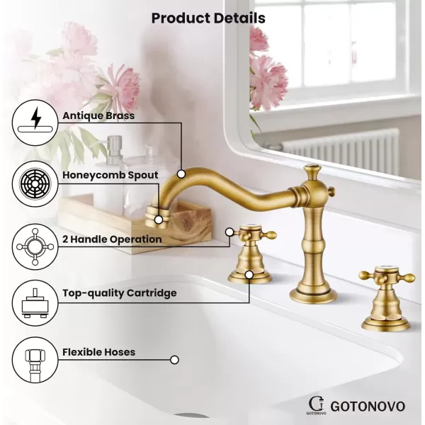 imagegotonovo Matte Black 3 Hole Bathroom Faucet 2 Cross Handles 8 Inch Widespread Bathroom Sink Faucet Deck Mount Vintage Mixer Tap with Supply Hoses and Pop Up DrainAntique Brass