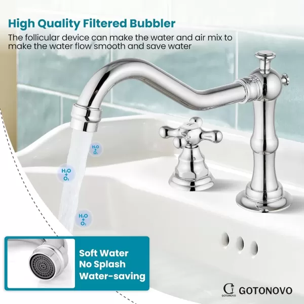 imagegotonovo Matte Black 3 Hole Bathroom Faucet 2 Cross Handles 8 Inch Widespread Bathroom Sink Faucet Deck Mount Vintage Mixer Tap with Supply Hoses and Pop Up DrainPolish Chrome