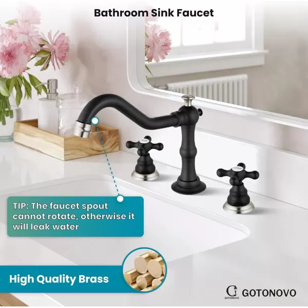 imagegotonovo Matte Black 3 Hole Bathroom Faucet 2 Cross Handles 8 Inch Widespread Bathroom Sink Faucet Deck Mount Vintage Mixer Tap with Supply Hoses and Pop Up DrainMatte Black and Brushed Nickel