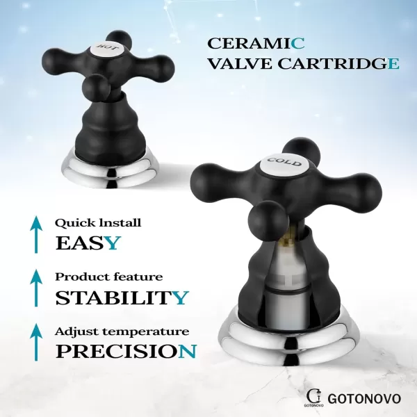 imagegotonovo Matte Black 3 Hole Bathroom Faucet 2 Cross Handles 8 Inch Widespread Bathroom Sink Faucet Deck Mount Vintage Mixer Tap with Supply Hoses and Pop Up DrainMatte Black and Polish Chrome