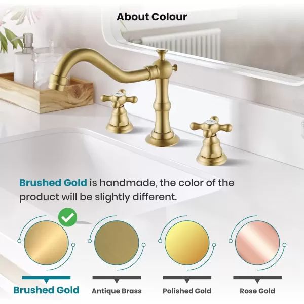 imagegotonovo Matte Black 3 Hole Bathroom Faucet 2 Cross Handles 8 Inch Widespread Bathroom Sink Faucet Deck Mount Vintage Mixer Tap with Supply Hoses and Pop Up DrainBrushed Gold