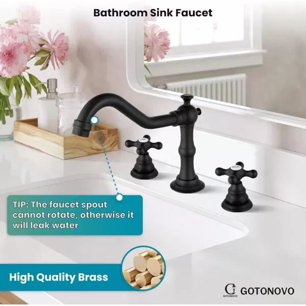 imagegotonovo Matte Black 3 Hole Bathroom Faucet 2 Cross Handles 8 Inch Widespread Bathroom Sink Faucet Deck Mount Vintage Mixer Tap with Supply Hoses and Pop Up DrainMatte Black