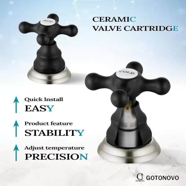 imagegotonovo Matte Black 3 Hole Bathroom Faucet 2 Cross Handles 8 Inch Widespread Bathroom Sink Faucet Deck Mount Vintage Mixer Tap with Supply Hoses and Pop Up DrainMatte Black and Brushed Nickel
