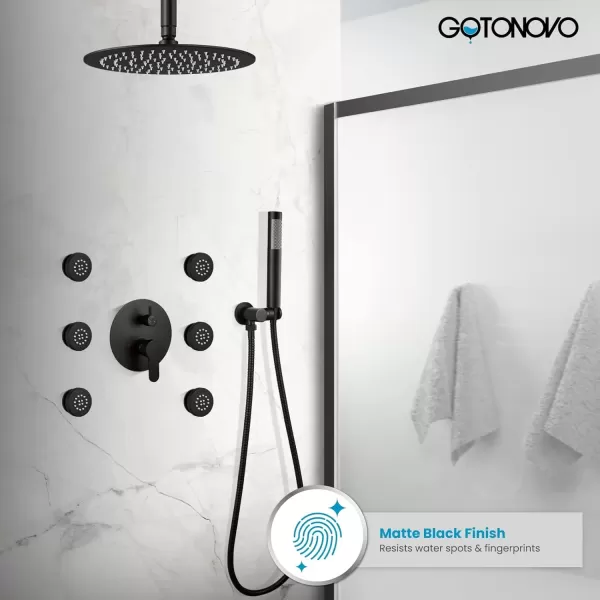 imagegotonovo Matte Black Ceiling Mount Rainfall Shower System with Body Jets 12 Inch High Pressure Shower Head with 6PCS Body Sprays Luxury Shower Mixer Combo Set RoughIn Valve Cylindrical Handheld SprayCylindrical Handheld Spray