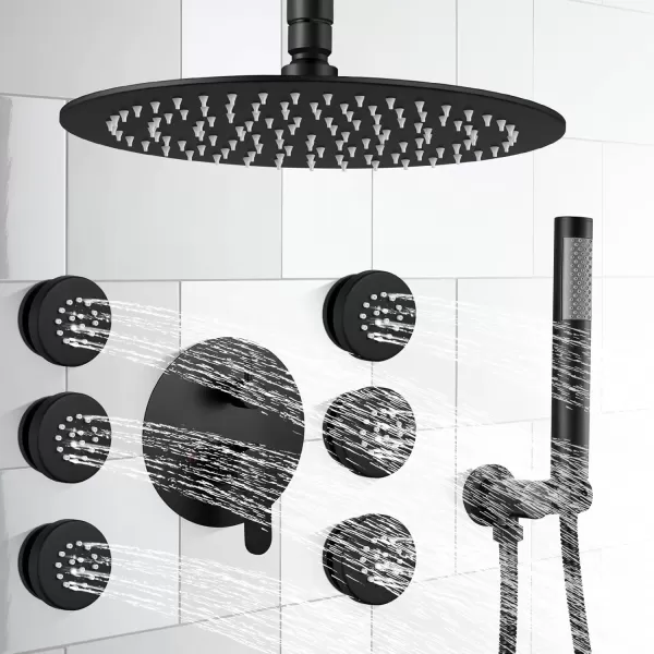 imagegotonovo Matte Black Ceiling Mount Rainfall Shower System with Body Jets 12 Inch High Pressure Shower Head with 6PCS Body Sprays Luxury Shower Mixer Combo Set RoughIn Valve Cylindrical Handheld SprayCylindrical Handheld Spray