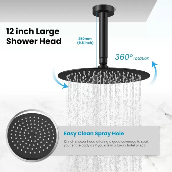 imagegotonovo Matte Black Ceiling Mount Rainfall Shower System with Body Jets 12 Inch High Pressure Shower Head with 6PCS Body Sprays Luxury Shower Mixer Combo Set RoughIn Valve Cylindrical Handheld SprayCylindrical Handheld Spray