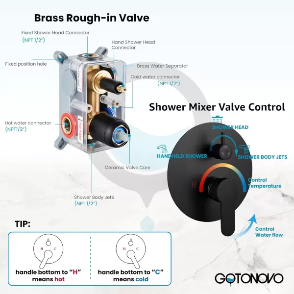 imagegotonovo Matte Black Ceiling Mount Rainfall Shower System with Body Jets 12 Inch High Pressure Shower Head with 6PCS Body Sprays Luxury Shower Mixer Combo Set RoughIn Valve Cylindrical Handheld SprayCylindrical Handheld Spray