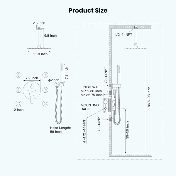 imagegotonovo Matte Black Ceiling Mount Rainfall Shower System with Body Jets 12 Inch High Pressure Shower Head with 6PCS Body Sprays Luxury Shower Mixer Combo Set RoughIn Valve Cylindrical Handheld SprayCylindrical Handheld Spray