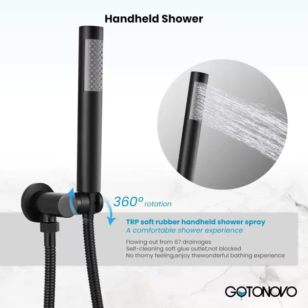 imagegotonovo Matte Black Ceiling Mount Rainfall Shower System with Body Jets 12 Inch High Pressure Shower Head with 6PCS Body Sprays Luxury Shower Mixer Combo Set RoughIn Valve Cylindrical Handheld SprayCylindrical Handheld Spray