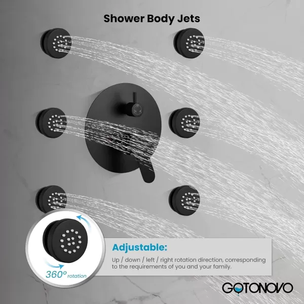 imagegotonovo Matte Black Ceiling Mount Rainfall Shower System with Body Jets 12 Inch High Pressure Shower Head with 6PCS Body Sprays Luxury Shower Mixer Combo Set RoughIn Valve Cylindrical Handheld SprayCylindrical Handheld Spray