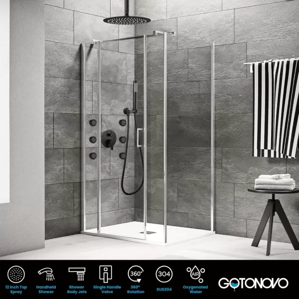 imagegotonovo Matte Black Ceiling Mount Rainfall Shower System with Body Jets 12 Inch High Pressure Shower Head with 6PCS Body Sprays Luxury Shower Mixer Combo Set RoughIn Valve Cylindrical Handheld SprayCylindrical Handheld Spray