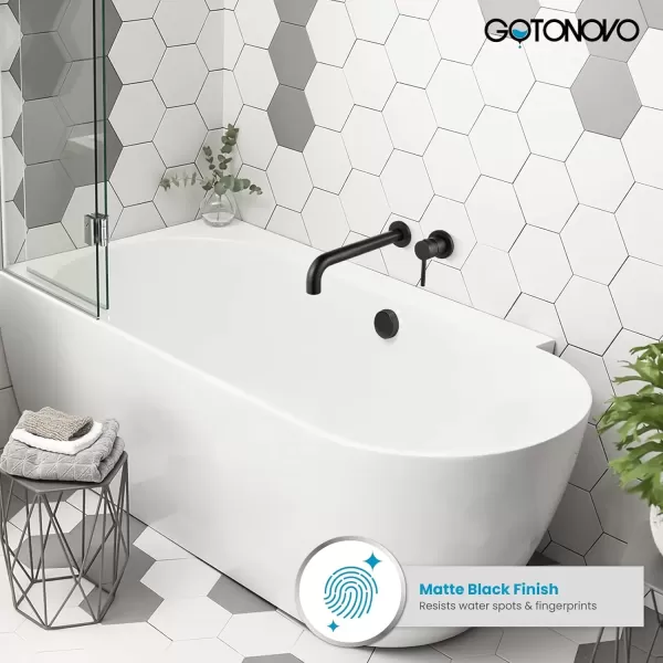 imagegotonovo Matte Black Contemporary Bathroom Tub Filler Faucet Single Handle Wall Mounted Tub Faucet Long Spout Reach Faucet Solid Brass Rough in Valve Bathtub Faucet