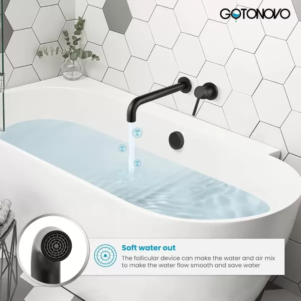 imagegotonovo Matte Black Contemporary Bathroom Tub Filler Faucet Single Handle Wall Mounted Tub Faucet Long Spout Reach Faucet Solid Brass Rough in Valve Bathtub Faucet