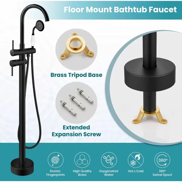imagegotonovo Matte Black Freestanding Bathtub Faucet with Hand Held Shower Spray Tub Filler FloorMount High Flow Bras