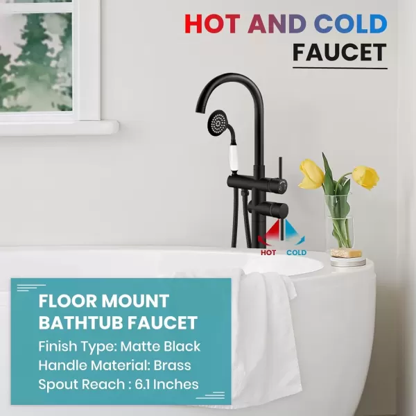 imagegotonovo Matte Black Freestanding Bathtub Faucet with Hand Held Shower Spray Tub Filler FloorMount High Flow Bras