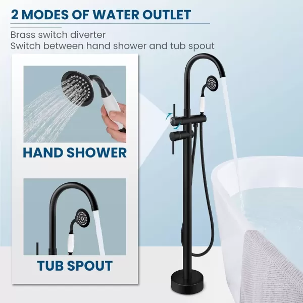 imagegotonovo Matte Black Freestanding Bathtub Faucet with Hand Held Shower Spray Tub Filler FloorMount High Flow Bras