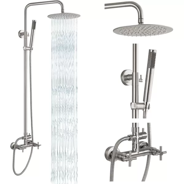 imagegotonovo Matte Black Outdoor Shower Fixture Rainfall Single Handle Shower System Set High Pressure Wall Mount 2 Dual Function 8 Inch Shower Head and Handheld Spray SUS304 Shower Faucet ComboBrushed Nickel