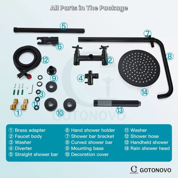 imagegotonovo Matte Black Outdoor Shower Fixture Rainfall Single Handle Shower System Set High Pressure Wall Mount 2 Dual Function 8 Inch Shower Head and Handheld Spray SUS304 Shower Faucet ComboMatte Black