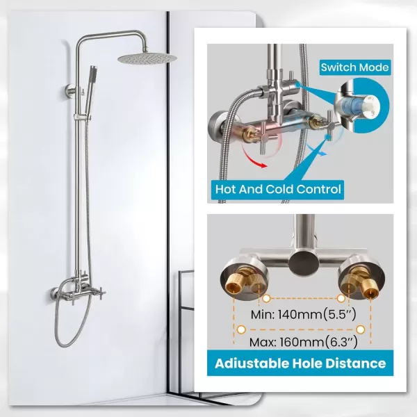 imagegotonovo Matte Black Outdoor Shower Fixture Rainfall Single Handle Shower System Set High Pressure Wall Mount 2 Dual Function 8 Inch Shower Head and Handheld Spray SUS304 Shower Faucet ComboBrushed Nickel