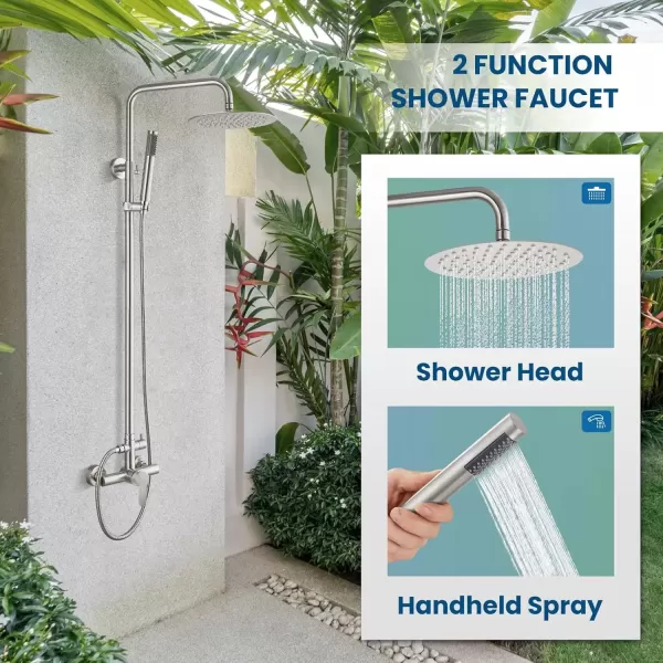 imagegotonovo Matte Black Outdoor Shower Fixture Rainfall Single Handle Shower System Set High Pressure Wall Mount 2 Dual Function 8 Inch Shower Head and Handheld Spray SUS304 Shower Faucet ComboBrushed Nickel