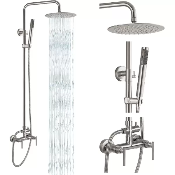 imagegotonovo Matte Black Outdoor Shower Fixture Rainfall Single Handle Shower System Set High Pressure Wall Mount 2 Dual Function 8 Inch Shower Head and Handheld Spray SUS304 Shower Faucet ComboBrushed Nickel