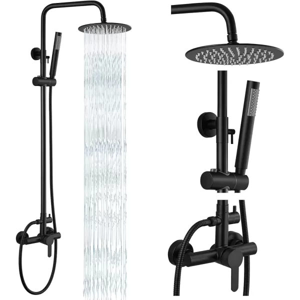 imagegotonovo Matte Black Outdoor Shower Fixture Rainfall Single Handle Shower System Set High Pressure Wall Mount 2 Dual Function 8 Inch Shower Head and Handheld Spray SUS304 Shower Faucet ComboMatte Black