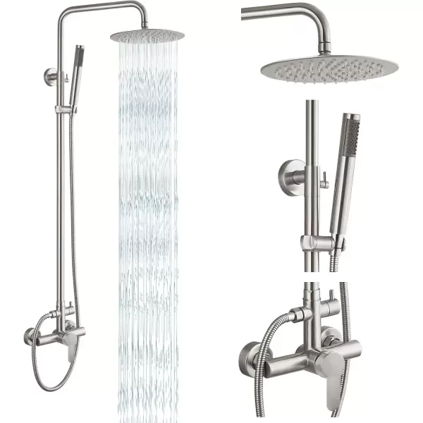 imagegotonovo Matte Black Outdoor Shower Fixture Rainfall Single Handle Shower System Set High Pressure Wall Mount 2 Dual Function 8 Inch Shower Head and Handheld Spray SUS304 Shower Faucet ComboBrushed Nickel