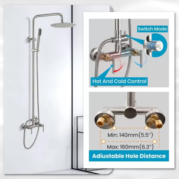 imagegotonovo Matte Black Outdoor Shower Fixture Rainfall Single Handle Shower System Set High Pressure Wall Mount 2 Dual Function 8 Inch Shower Head and Handheld Spray SUS304 Shower Faucet ComboBrushed Nickel
