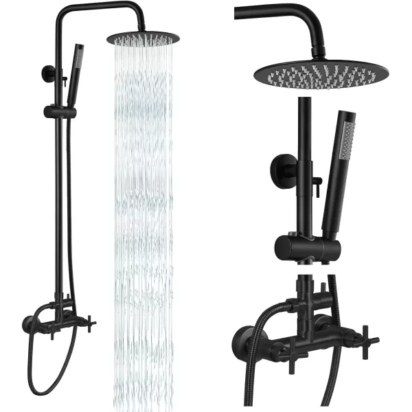 imagegotonovo Matte Black Outdoor Shower Fixture Rainfall Single Handle Shower System Set High Pressure Wall Mount 2 Dual Function 8 Inch Shower Head and Handheld Spray SUS304 Shower Faucet ComboMatte Black