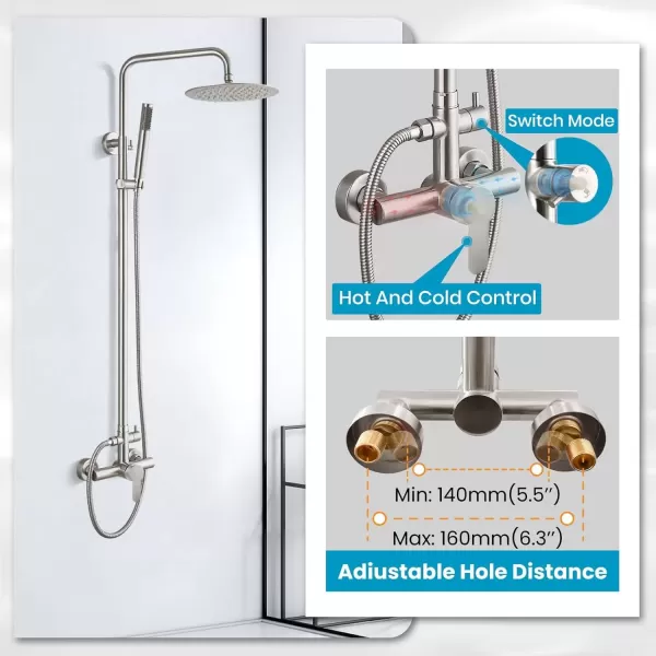 imagegotonovo Matte Black Outdoor Shower Fixture Rainfall Single Handle Shower System Set High Pressure Wall Mount 2 Dual Function 8 Inch Shower Head and Handheld Spray SUS304 Shower Faucet ComboBrushed Nickel