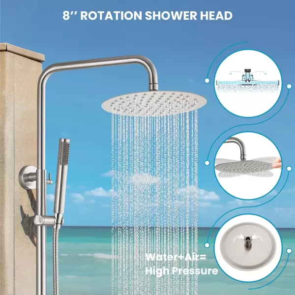 imagegotonovo Matte Black Outdoor Shower Fixture Rainfall Single Handle Shower System Set High Pressure Wall Mount 2 Dual Function 8 Inch Shower Head and Handheld Spray SUS304 Shower Faucet ComboBrushed Nickel