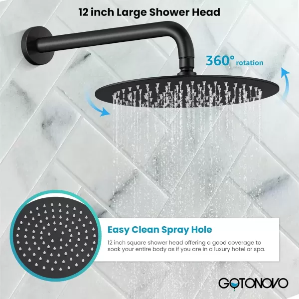 imagegotonovo Matte Black Rain Shower Faucert with Body Jets 12 Inch Round Rainfall Shower Head with 4 Body Spray Jets with Handheld Spray Shower Combo Complete Set with Roughin Valve Ceiling MountedWall Mounted