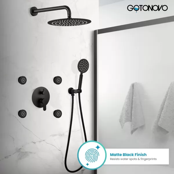 imagegotonovo Matte Black Rain Shower Faucert with Body Jets 12 Inch Round Rainfall Shower Head with 4 Body Spray Jets with Handheld Spray Shower Combo Complete Set with Roughin Valve Ceiling MountedWall Mounted