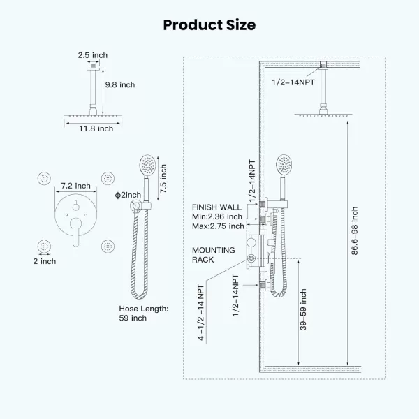 imagegotonovo Matte Black Rain Shower Faucert with Body Jets 12 Inch Round Rainfall Shower Head with 4 Body Spray Jets with Handheld Spray Shower Combo Complete Set with Roughin Valve Ceiling MountedCeiling Mounted