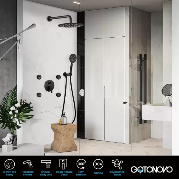 imagegotonovo Matte Black Rain Shower Faucert with Body Jets 12 Inch Round Rainfall Shower Head with 4 Body Spray Jets with Handheld Spray Shower Combo Complete Set with Roughin Valve Ceiling MountedWall Mounted
