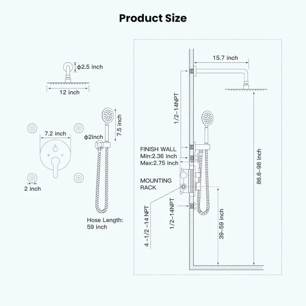 imagegotonovo Matte Black Rain Shower Faucert with Body Jets 12 Inch Round Rainfall Shower Head with 4 Body Spray Jets with Handheld Spray Shower Combo Complete Set with Roughin Valve Ceiling MountedWall Mounted