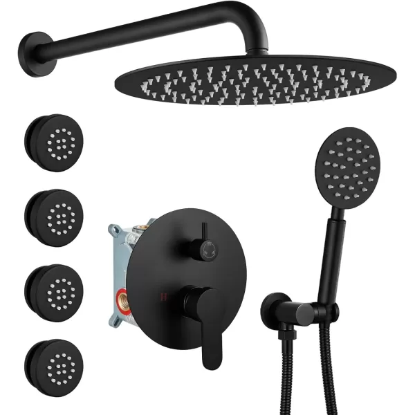 imagegotonovo Matte Black Rain Shower Faucert with Body Jets 12 Inch Round Rainfall Shower Head with 4 Body Spray Jets with Handheld Spray Shower Combo Complete Set with Roughin Valve Ceiling MountedWall Mounted