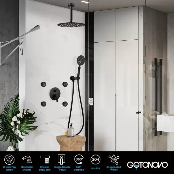 imagegotonovo Matte Black Rain Shower Faucert with Body Jets 12 Inch Round Rainfall Shower Head with 4 Body Spray Jets with Handheld Spray Shower Combo Complete Set with Roughin Valve Ceiling MountedCeiling Mounted