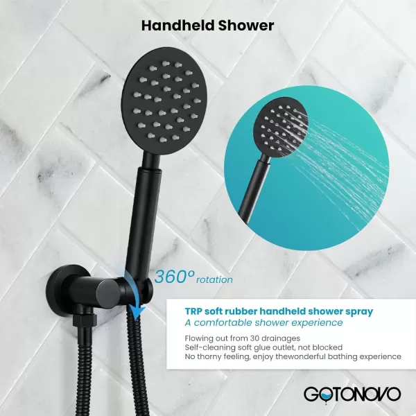 imagegotonovo Matte Black Rain Shower Faucert with Body Jets 12 Inch Round Rainfall Shower Head with 4 Body Spray Jets with Handheld Spray Shower Combo Complete Set with Roughin Valve Ceiling MountedCeiling Mounted
