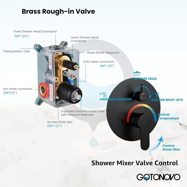 imagegotonovo Matte Black Rain Shower Faucert with Body Jets 12 Inch Round Rainfall Shower Head with 4 Body Spray Jets with Handheld Spray Shower Combo Complete Set with Roughin Valve Ceiling MountedCeiling Mounted