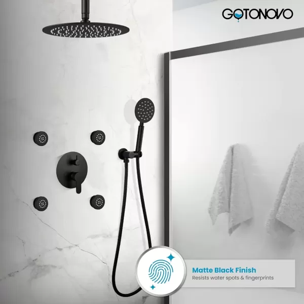 imagegotonovo Matte Black Rain Shower Faucert with Body Jets 12 Inch Round Rainfall Shower Head with 4 Body Spray Jets with Handheld Spray Shower Combo Complete Set with Roughin Valve Ceiling MountedCeiling Mounted