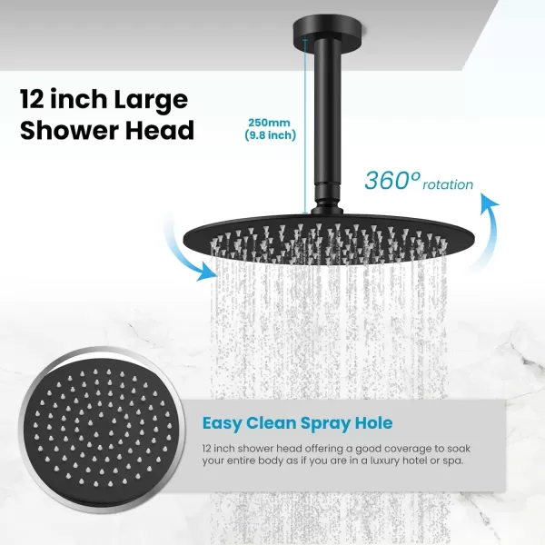 imagegotonovo Matte Black Rain Shower Faucert with Body Jets 12 Inch Round Rainfall Shower Head with 4 Body Spray Jets with Handheld Spray Shower Combo Complete Set with Roughin Valve Ceiling MountedCeiling Mounted