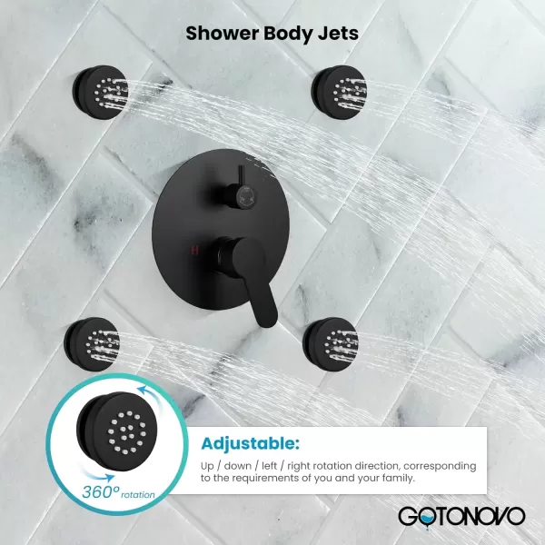 imagegotonovo Matte Black Rain Shower Faucert with Body Jets 12 Inch Round Rainfall Shower Head with 4 Body Spray Jets with Handheld Spray Shower Combo Complete Set with Roughin Valve Ceiling MountedCeiling Mounted