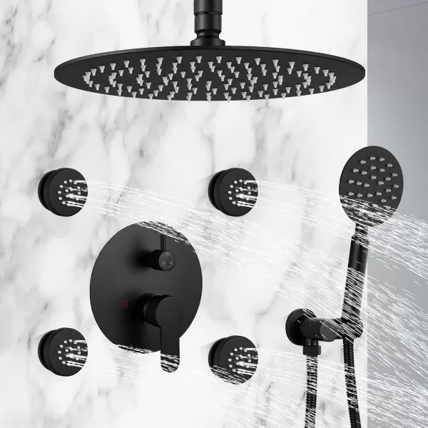 imagegotonovo Matte Black Rain Shower Faucert with Body Jets 12 Inch Round Rainfall Shower Head with 4 Body Spray Jets with Handheld Spray Shower Combo Complete Set with Roughin Valve Ceiling MountedCeiling Mounted