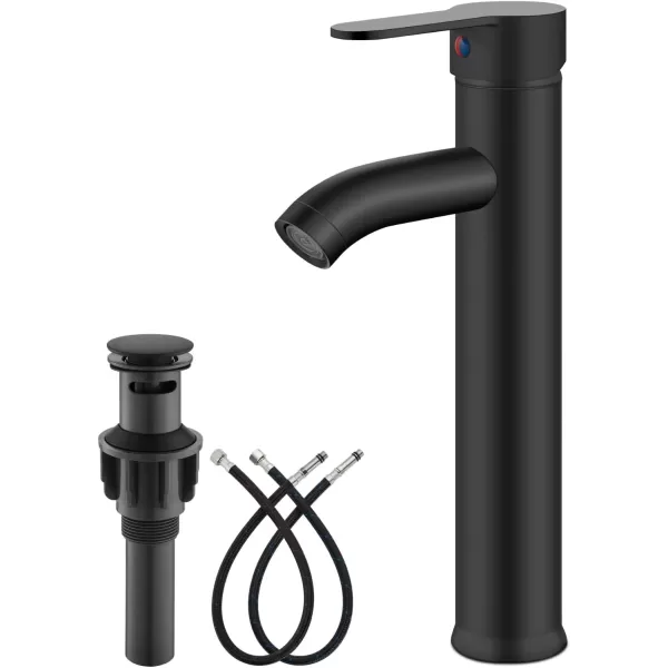 imagegotonovo Matte Black and Brushed Nickel 1 Hole 1 Handle Vessel Bathroom Faucet with Pop Up Drain Assembly RV Vanity Lavatory Faucet Deck Mounted Supply Hoses Stainless SteelMatte Black