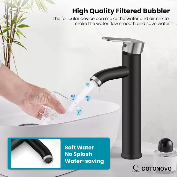 imagegotonovo Matte Black and Brushed Nickel 1 Hole 1 Handle Vessel Bathroom Faucet with Pop Up Drain Assembly RV Vanity Lavatory Faucet Deck Mounted Supply Hoses Stainless SteelMatte Black and Brushed Nickel